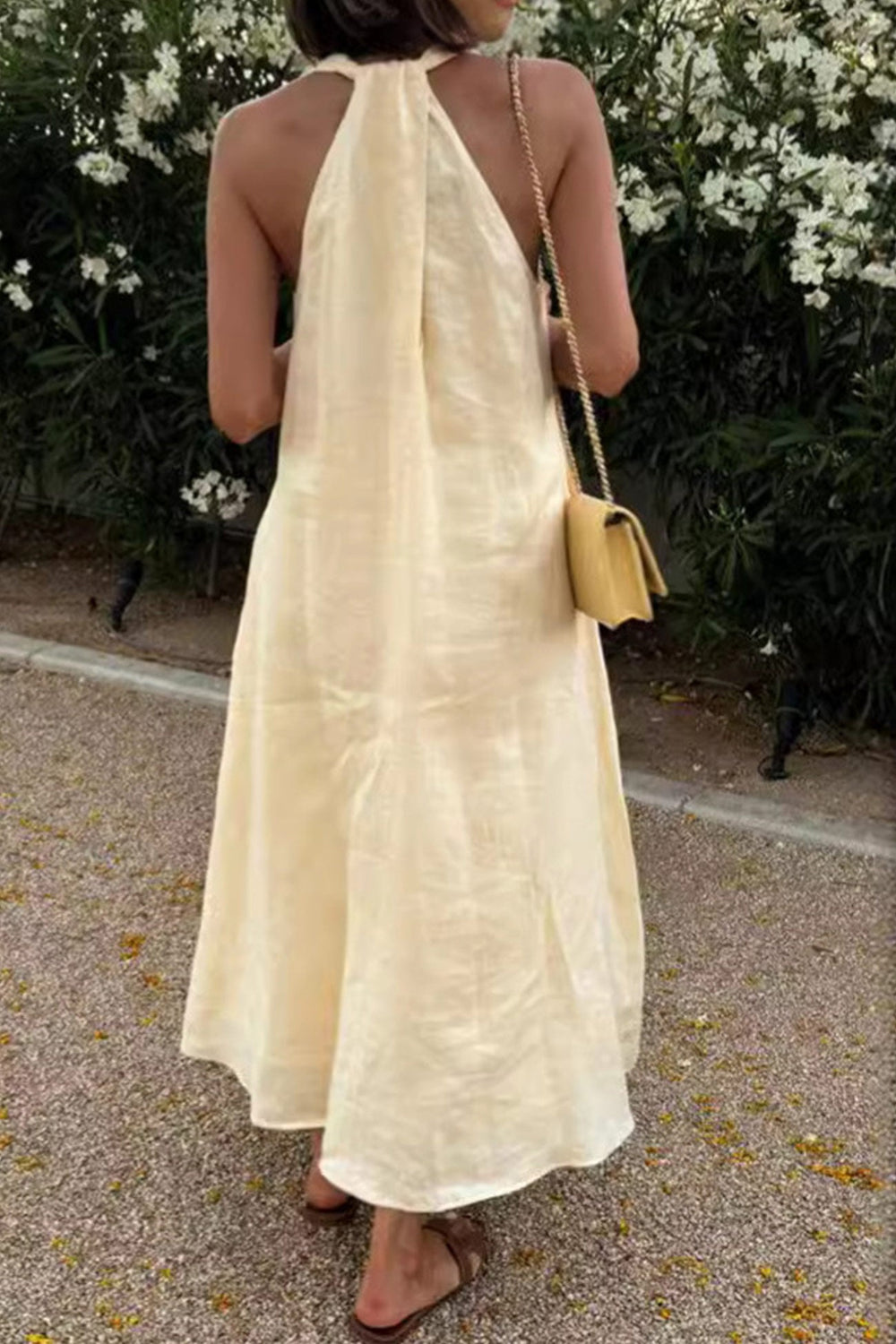 V Neck Pocketed A-line Sundress Light Yellow · M