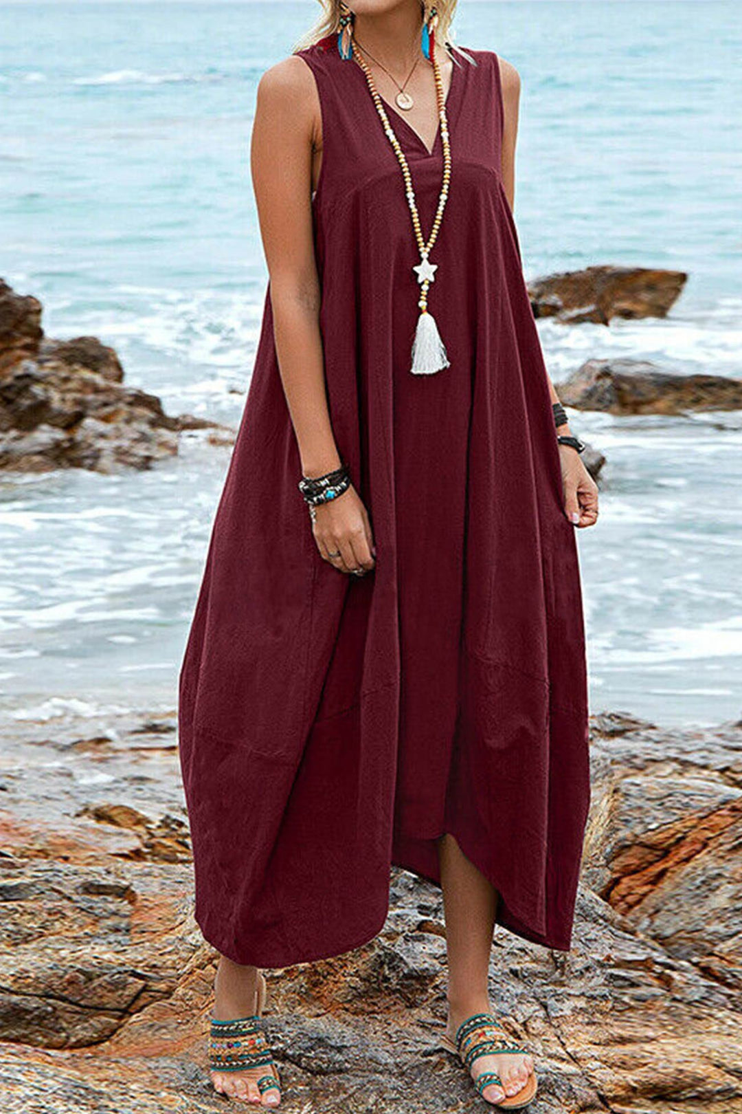 V Neck Pocketed Large Hem Sundress Khaki · XL