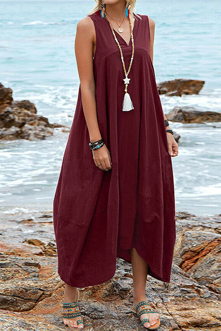 V Neck Pocketed Large Hem Sundress Khaki · XL