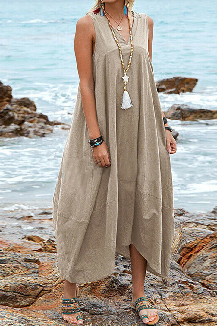 V Neck Pocketed Large Hem Sundress Khaki · S