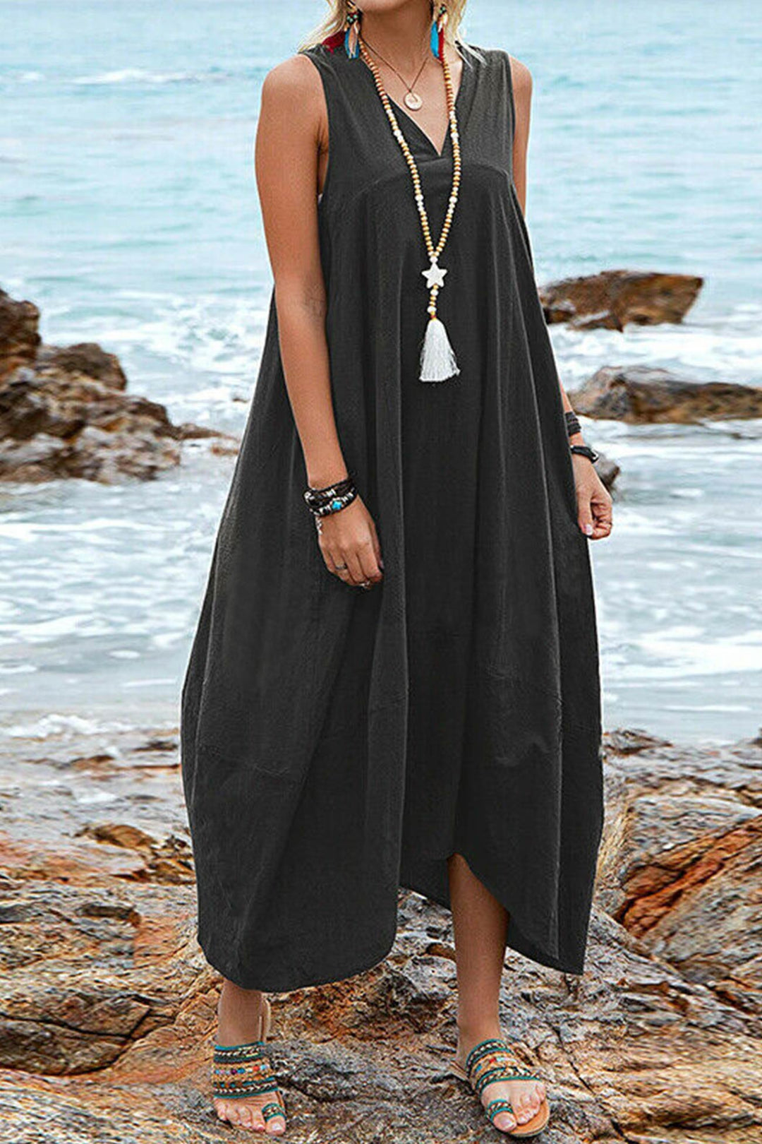 V Neck Pocketed Large Hem Sundress Khaki · 2XL