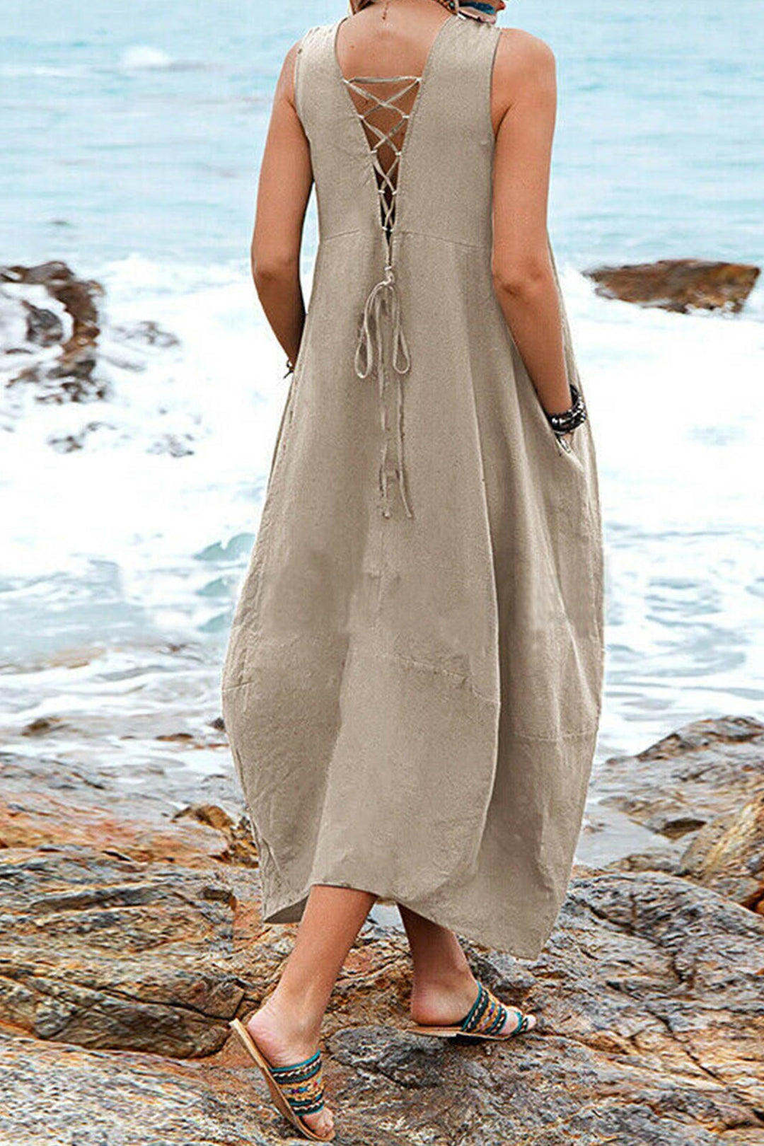 V Neck Pocketed Large Hem Sundress Khaki · M