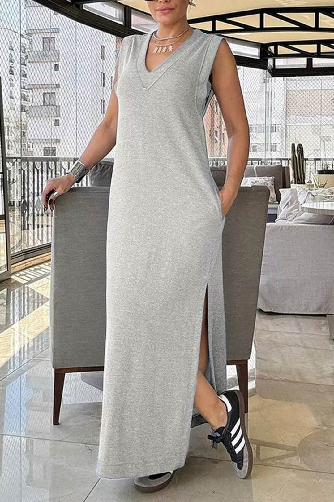 V Neck Pocketed Side Slit Tank Dress