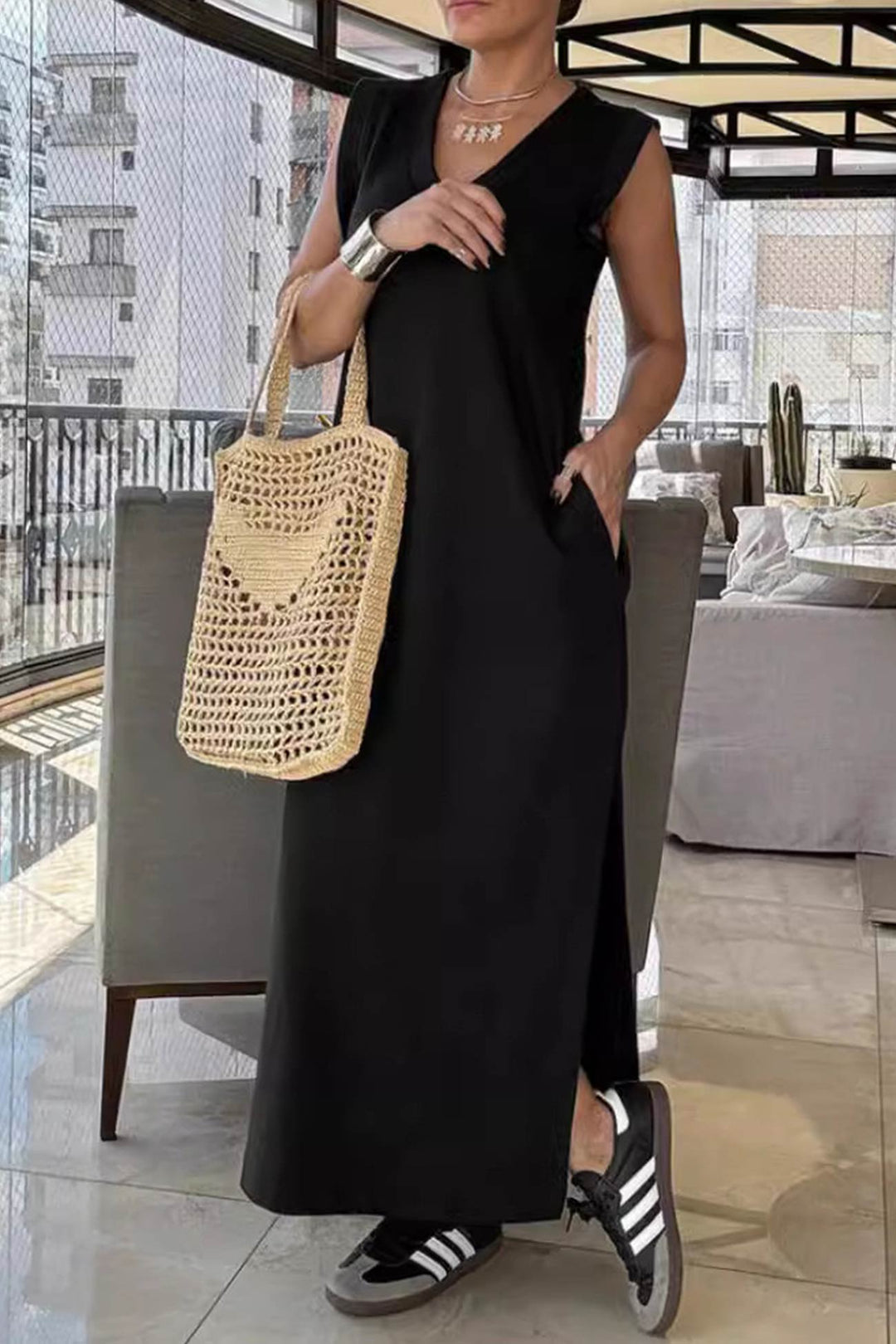 V Neck Pocketed Side Slit Tank Dress Yellow · M