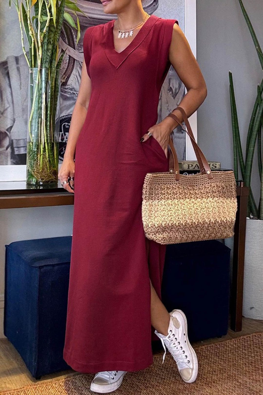 V Neck Pocketed Side Slit Tank Dress Light Grey · XL