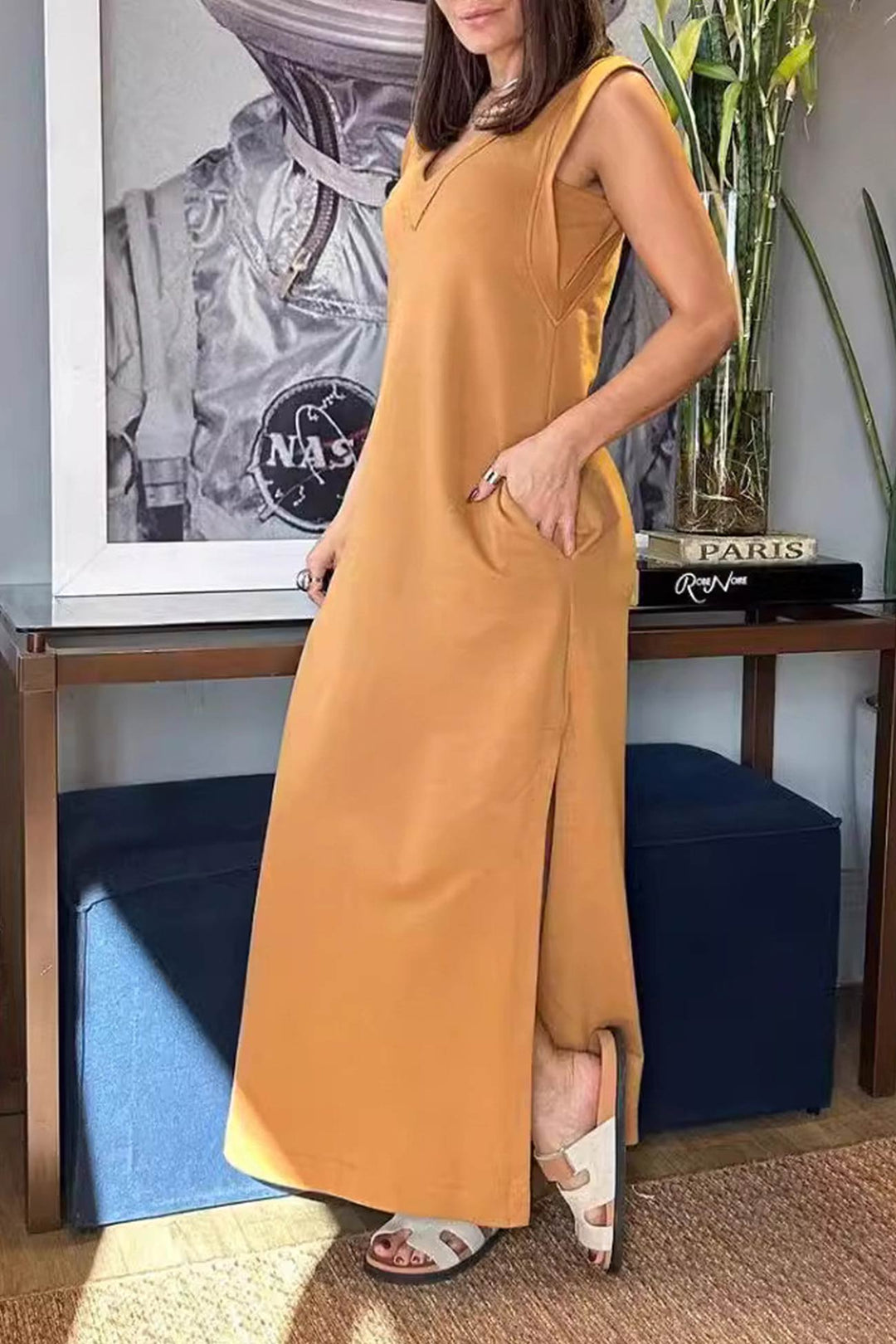 V Neck Pocketed Side Slit Tank Dress Light Grey · M