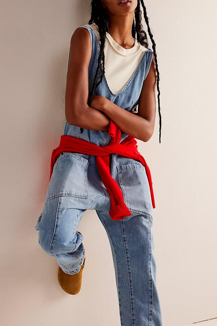 V Neck Pocketed Sleeveless Denim Jumpsuits Dark Blue · S