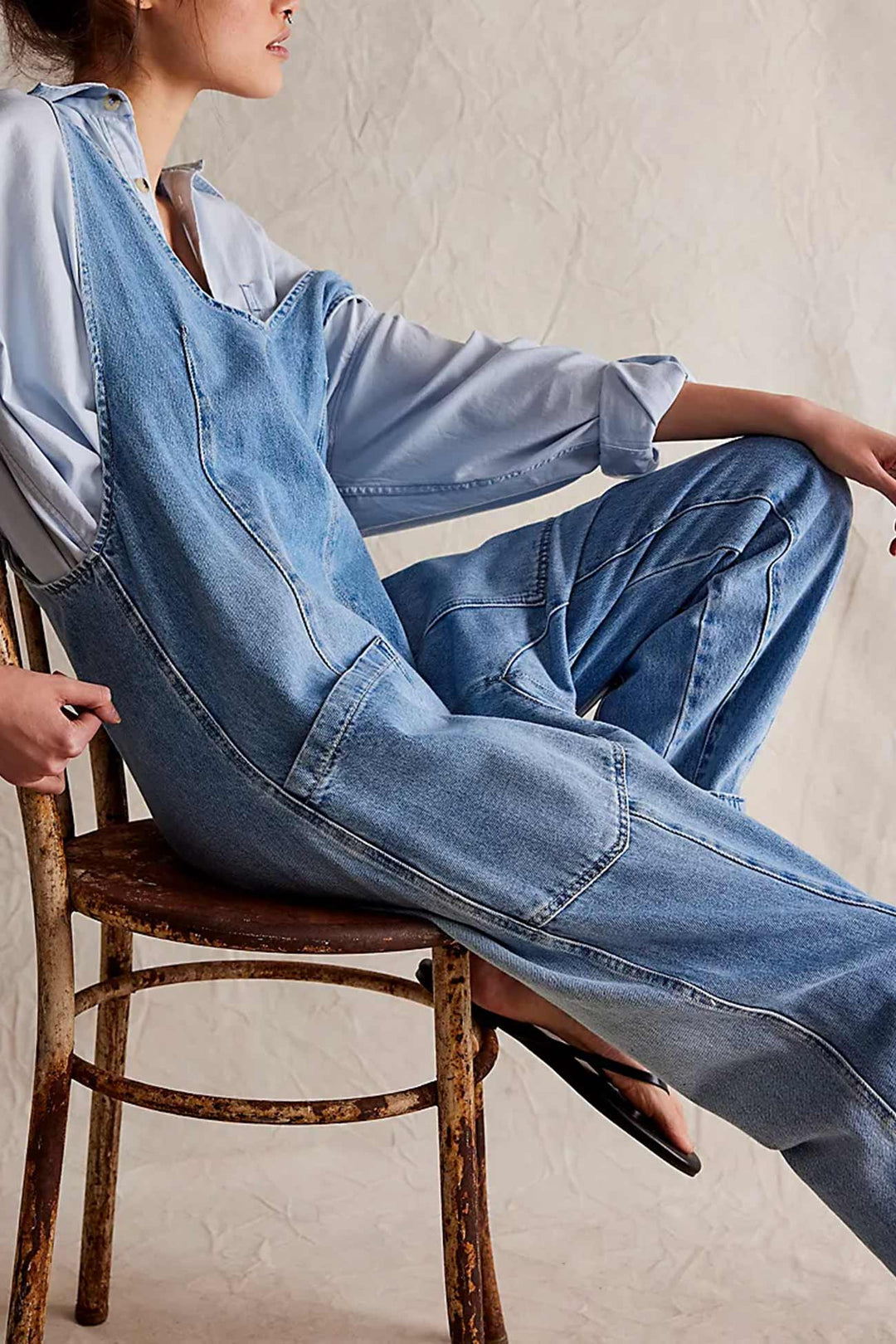 V Neck Pocketed Sleeveless Denim Jumpsuits Light Blue · 2XL