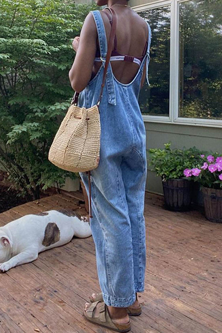 V Neck Pocketed Sleeveless Denim Jumpsuits Light Blue · S