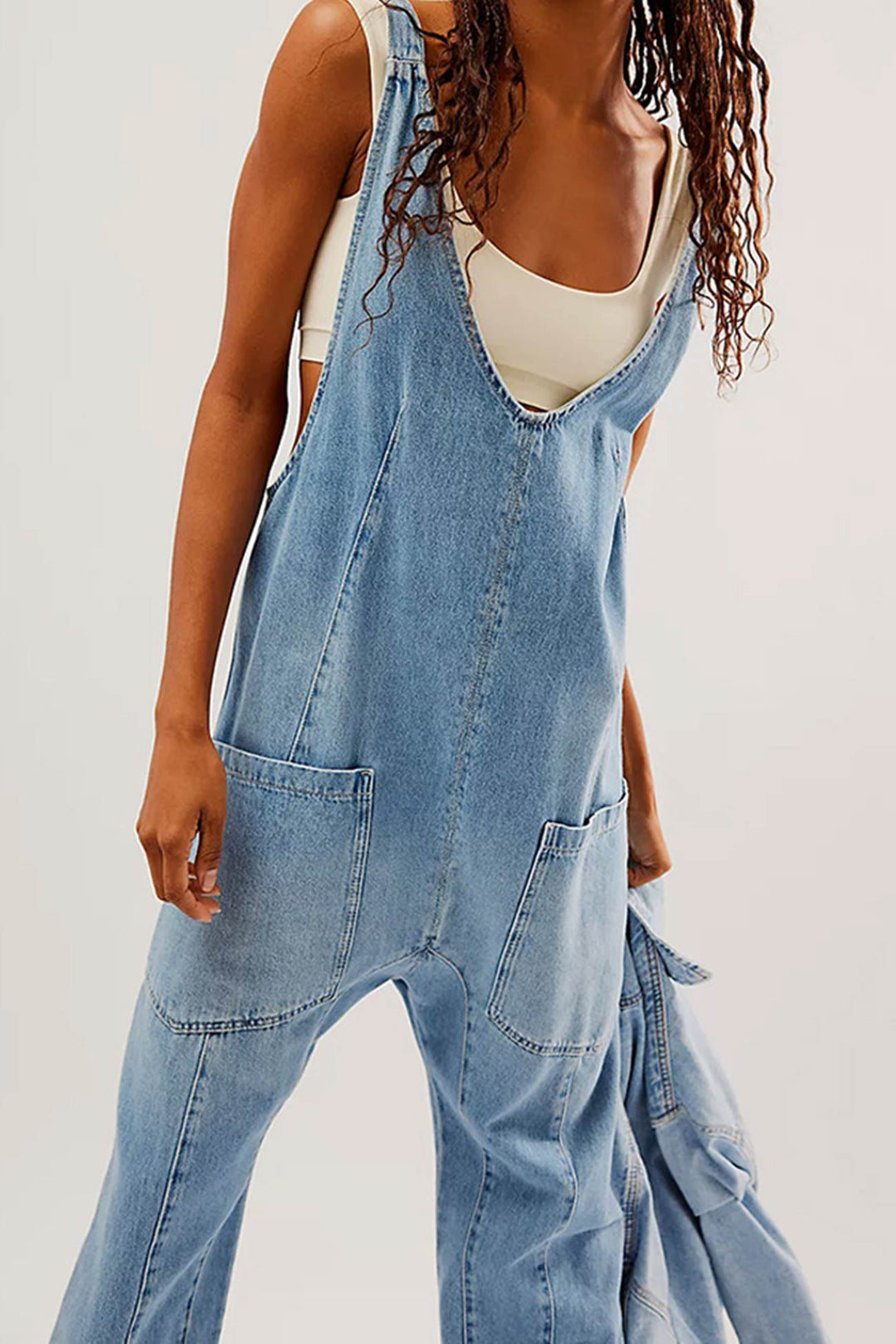 V Neck Pocketed Sleeveless Denim Jumpsuits Dark Blue · M
