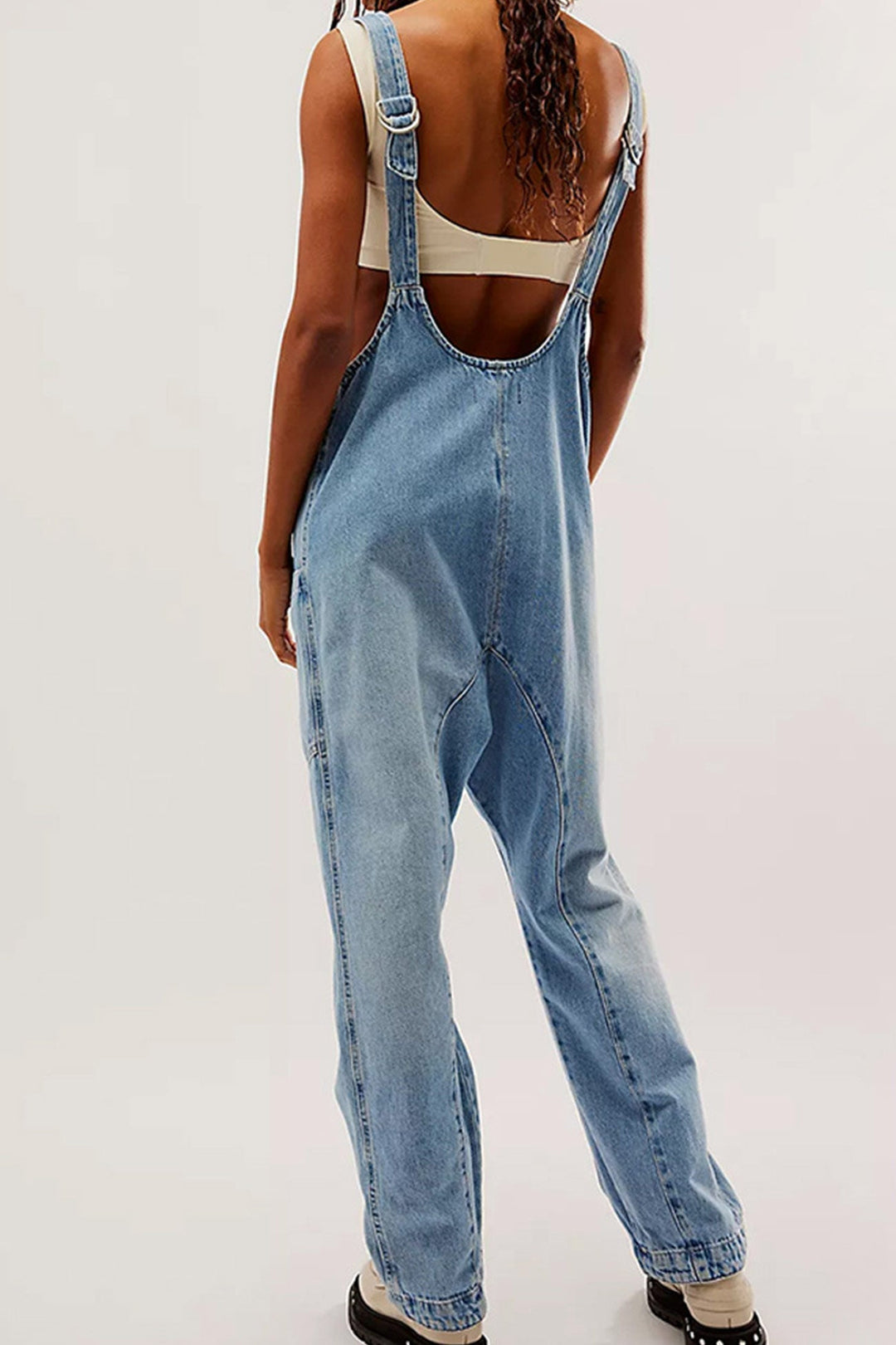 V Neck Pocketed Sleeveless Denim Jumpsuits Dark Blue · L