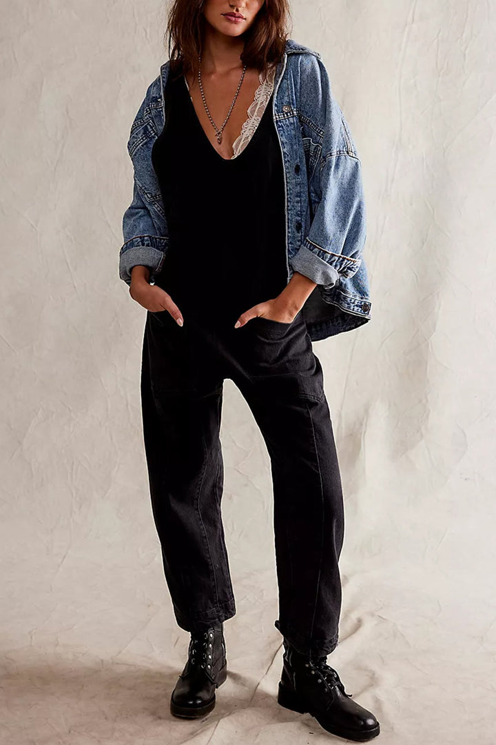 V Neck Pocketed Sleeveless Denim Jumpsuits