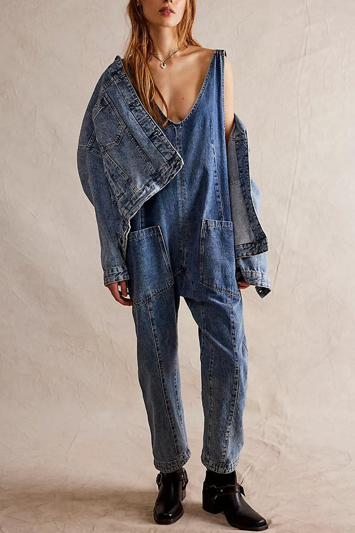 V Neck Pocketed Sleeveless Denim Jumpsuits Dark Blue · XL