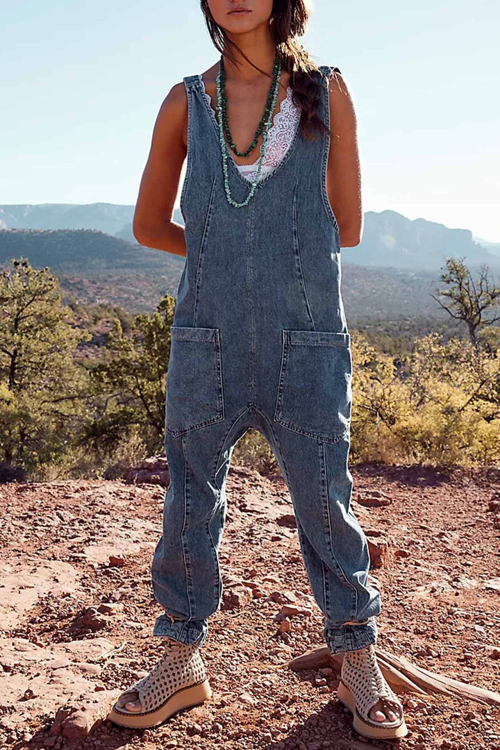 V Neck Pocketed Sleeveless Denim Jumpsuits Dark Blue · 2XL