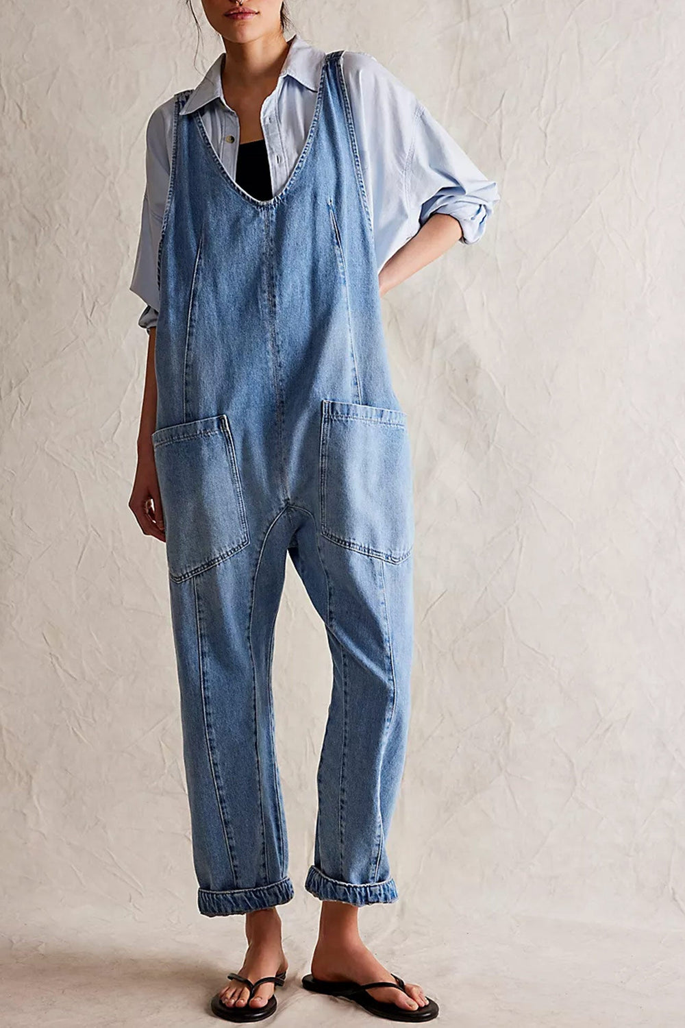 V Neck Pocketed Sleeveless Denim Jumpsuits Light Blue · M