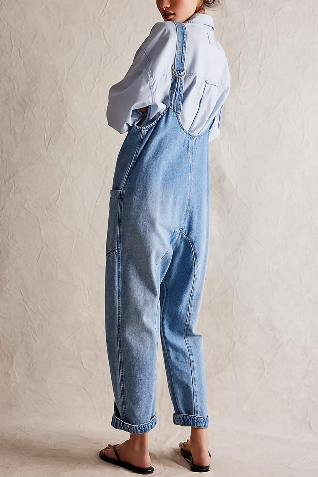V Neck Pocketed Sleeveless Denim Jumpsuits Light Blue · XL
