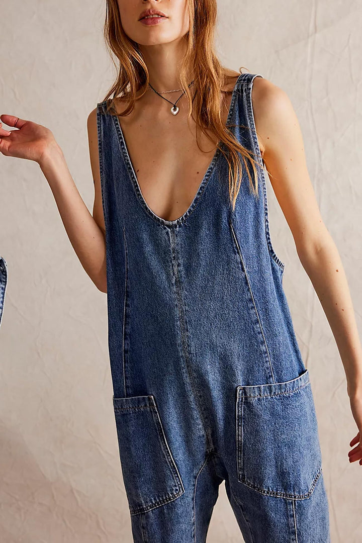 V Neck Pocketed Sleeveless Denim Jumpsuits Black · L