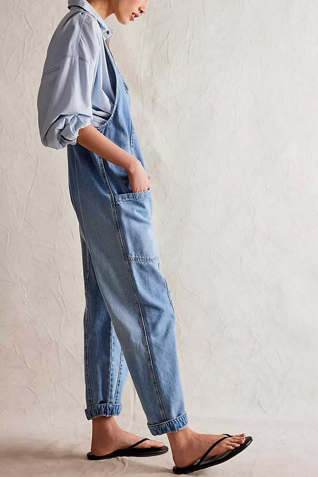 V Neck Pocketed Sleeveless Denim Jumpsuits Light Blue · L