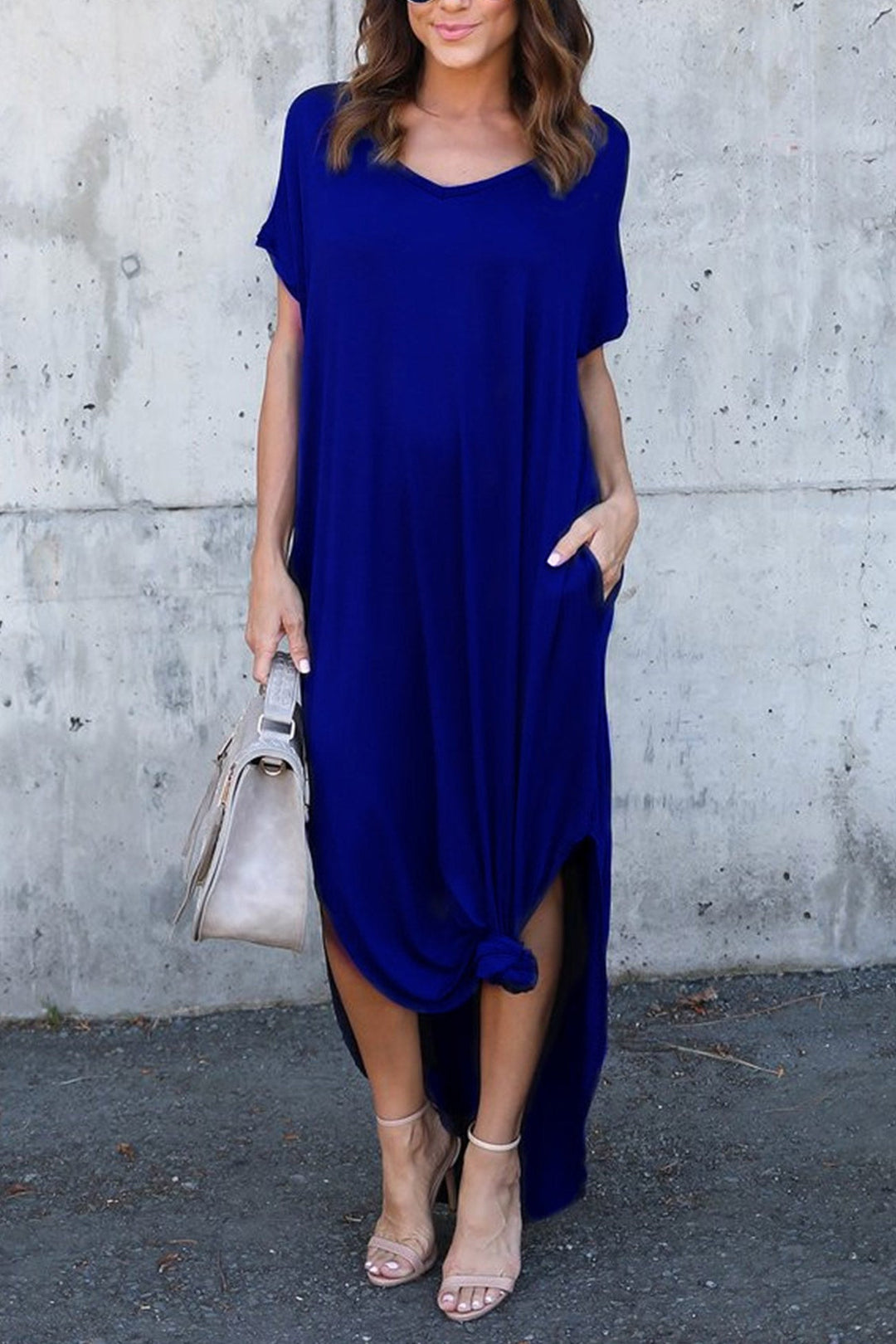 V Neck Pocketed Slit Dress Grey · S