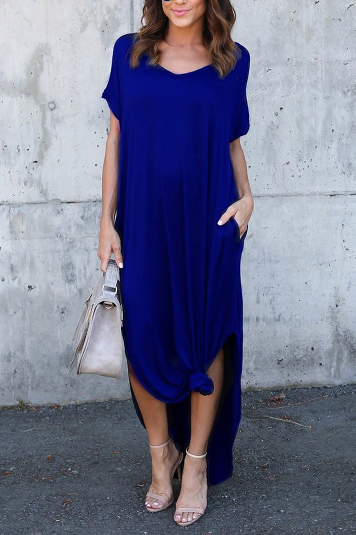 V Neck Pocketed Slit Dress Grey · S