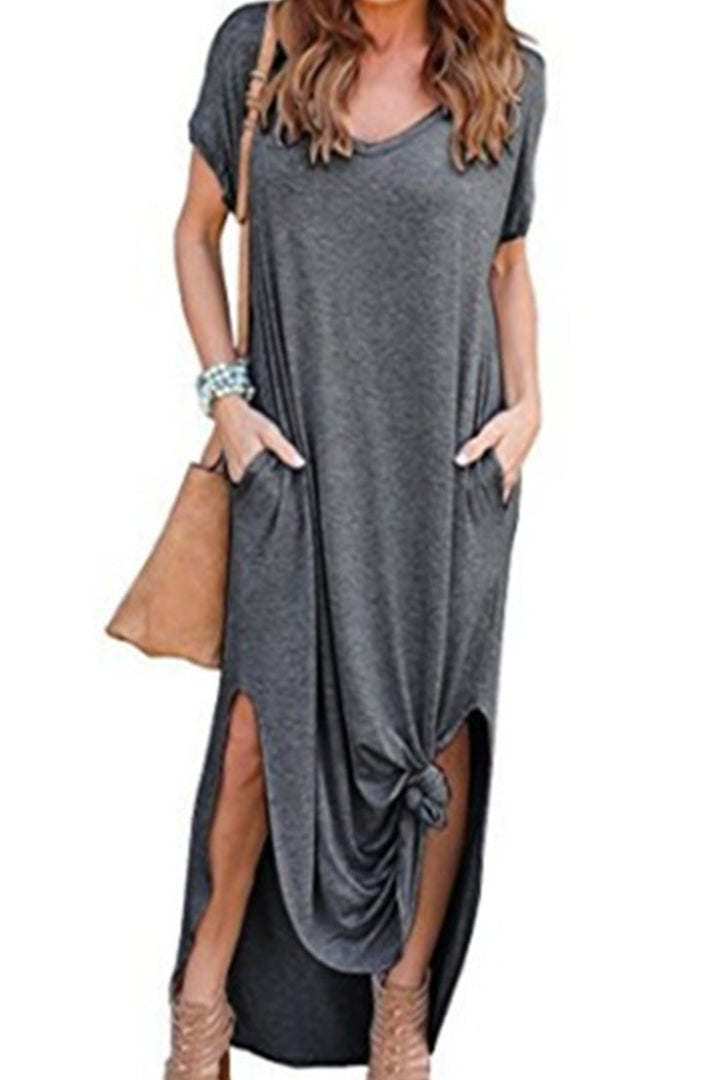 V Neck Pocketed Slit Dress Grey · XL