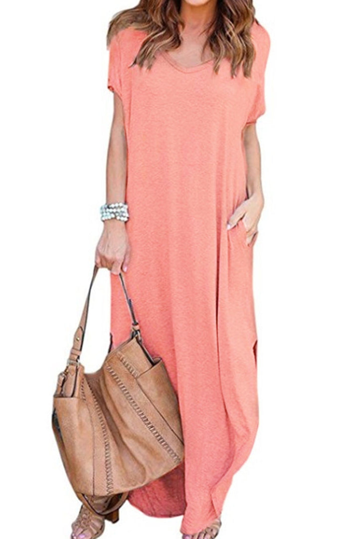 V Neck Pocketed Slit Dress Grey · M