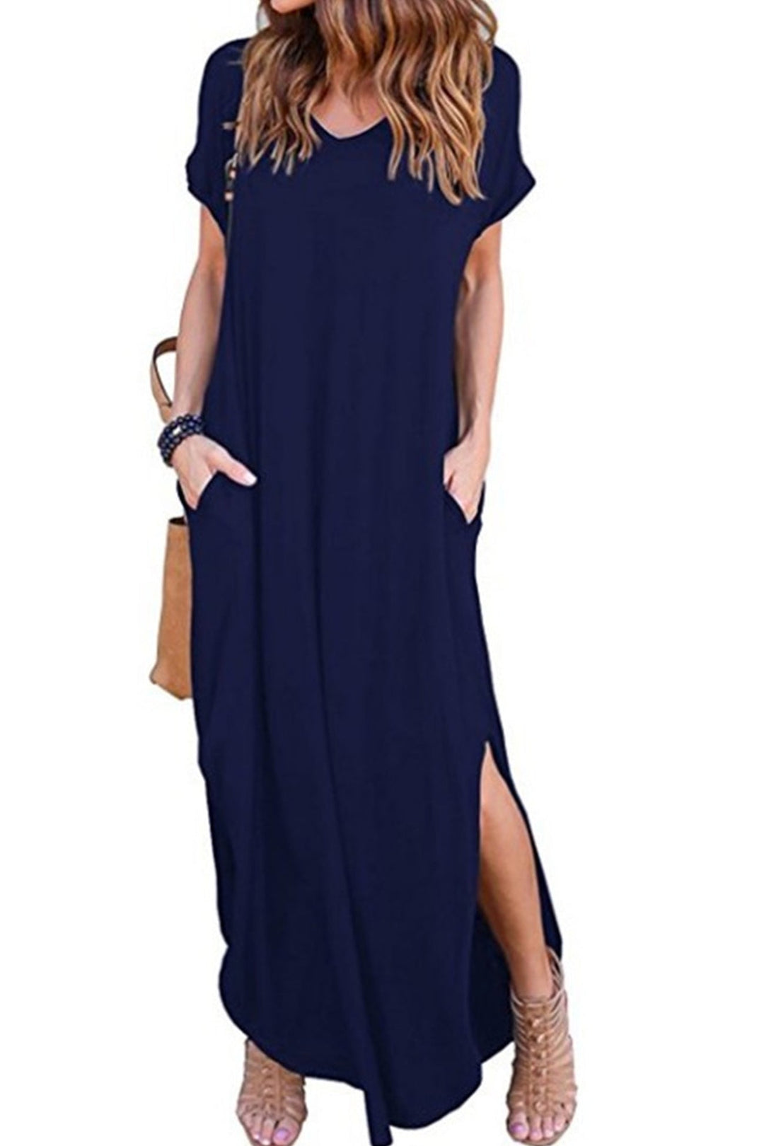 V Neck Pocketed Slit Dress Grey · L