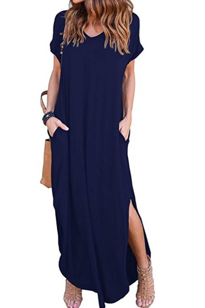 V Neck Pocketed Slit Dress Grey · L