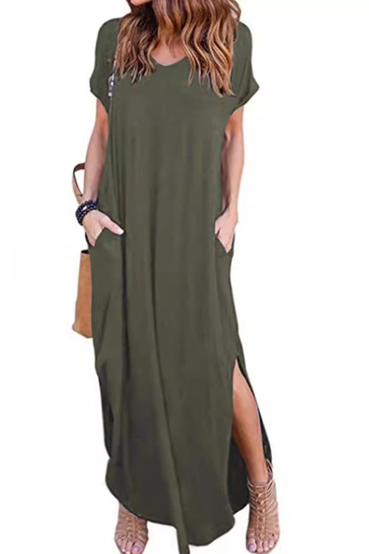 V Neck Pocketed Slit Dress Grey · 2XL