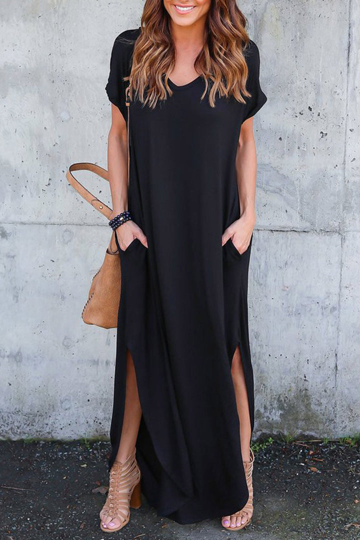 V Neck Pocketed Slit Dress Black · S
