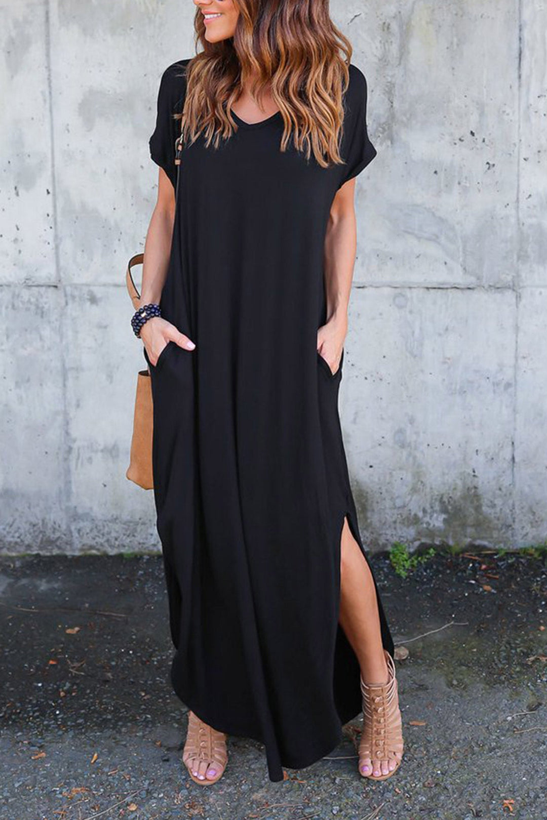V Neck Pocketed Slit Dress Black · M