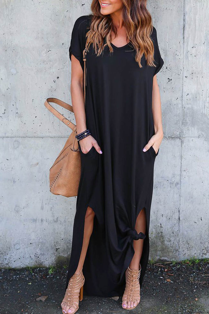 V Neck Pocketed Slit Dress