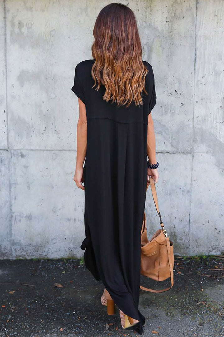 V Neck Pocketed Slit Dress Black · L