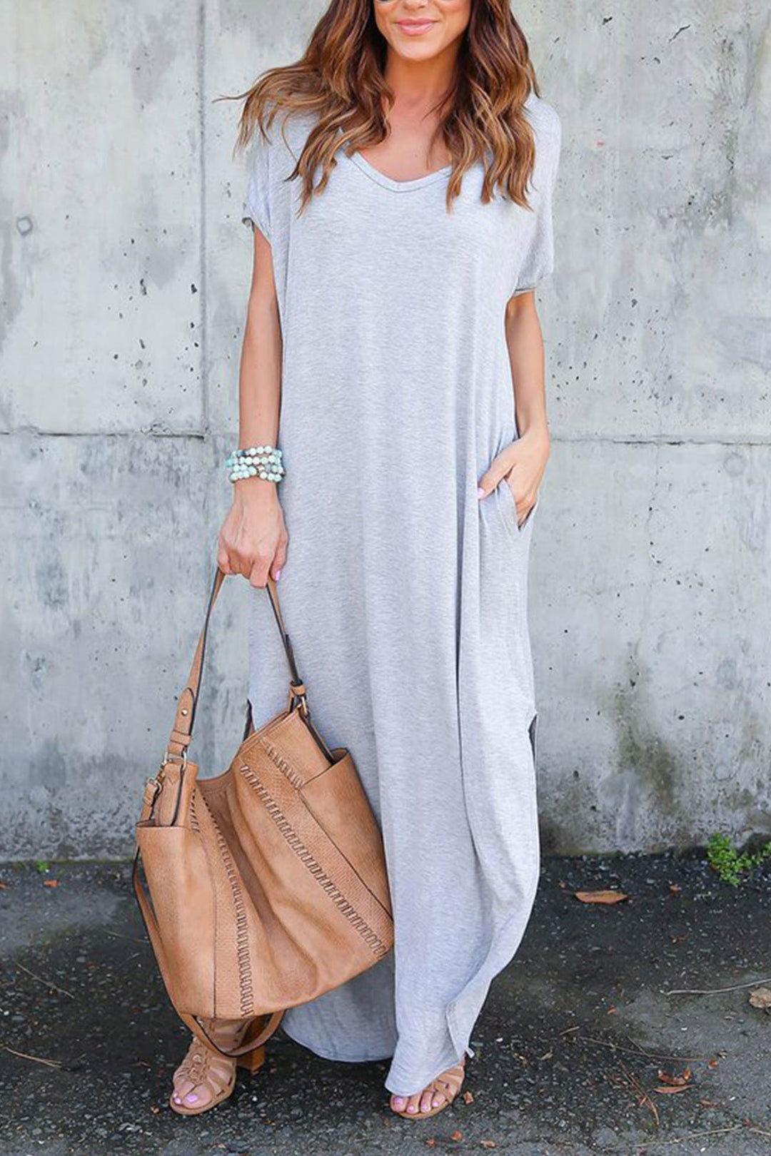 V Neck Pocketed Slit Dress Black · 2XL