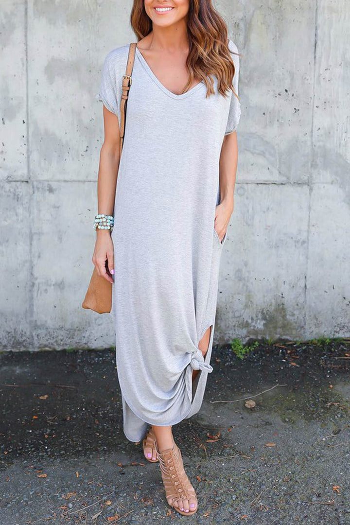 V Neck Pocketed Slit Dress Black · XL