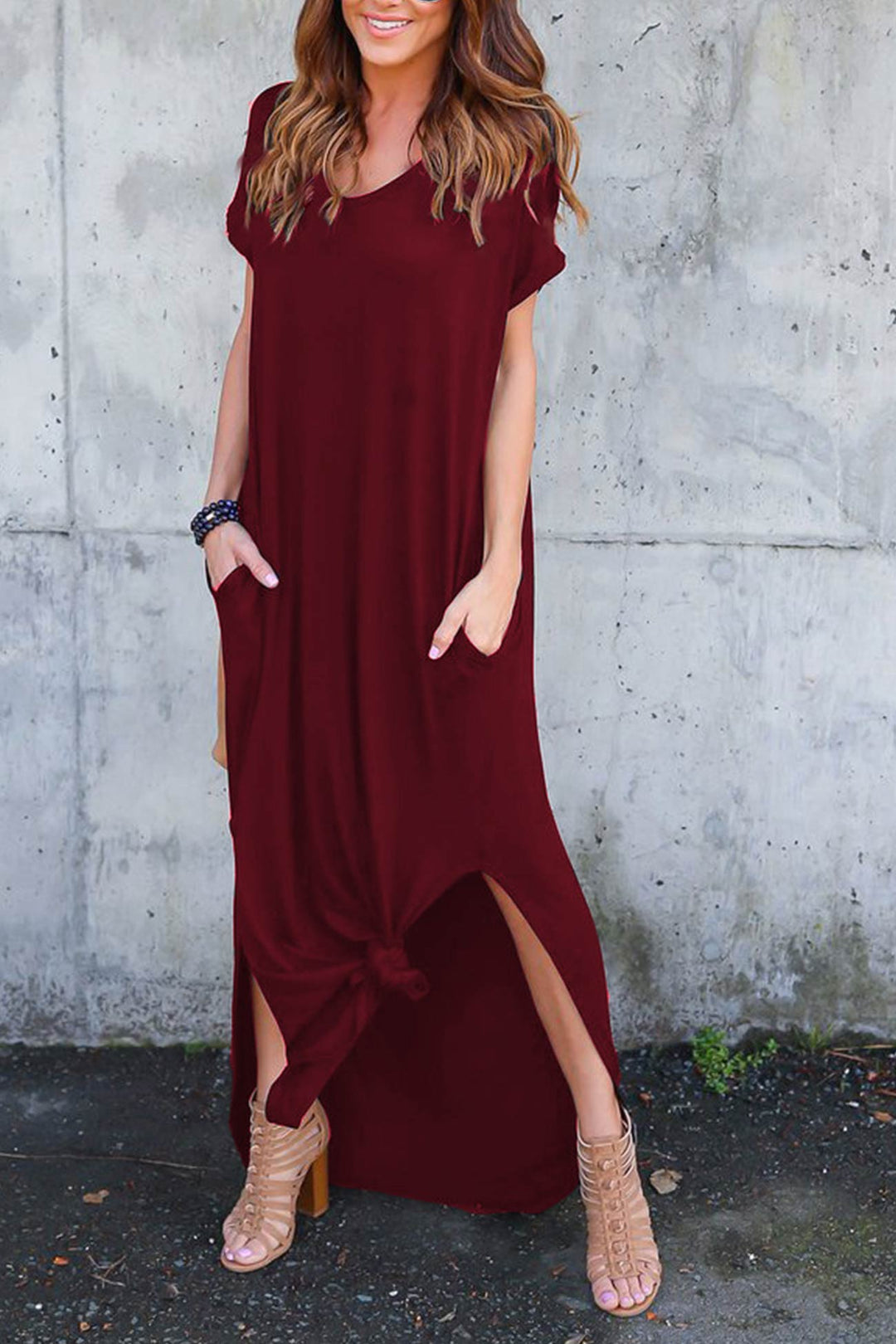 V Neck Pocketed Slit Dress Black · 4XL