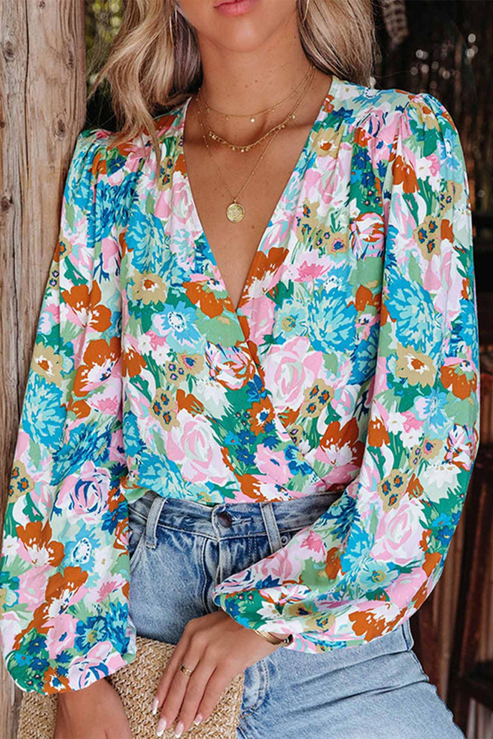 V Neck Puff Sleeve Floral Print Shirt Colorful · M