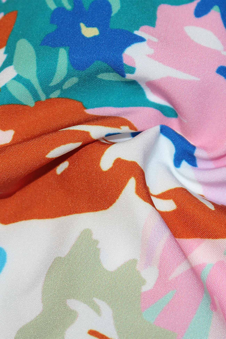 V Neck Puff Sleeve Floral Print Shirt Colorful · L