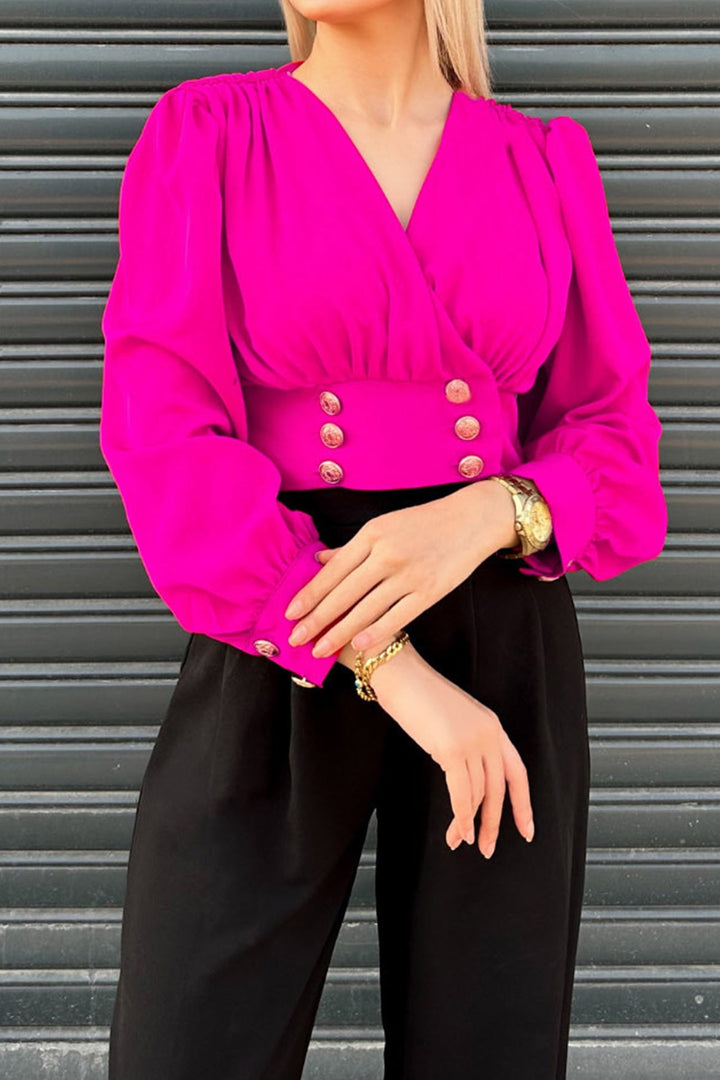 V Neck Puff Sleeve Smocked Blouses Black · S