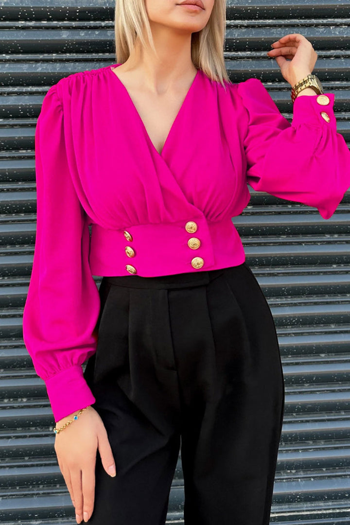 V Neck Puff Sleeve Smocked Blouses Black · M