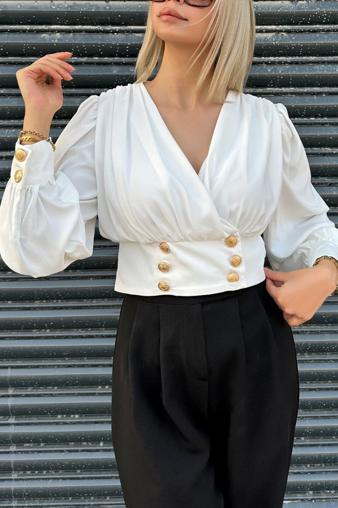 V Neck Puff Sleeve Smocked Blouses White · S
