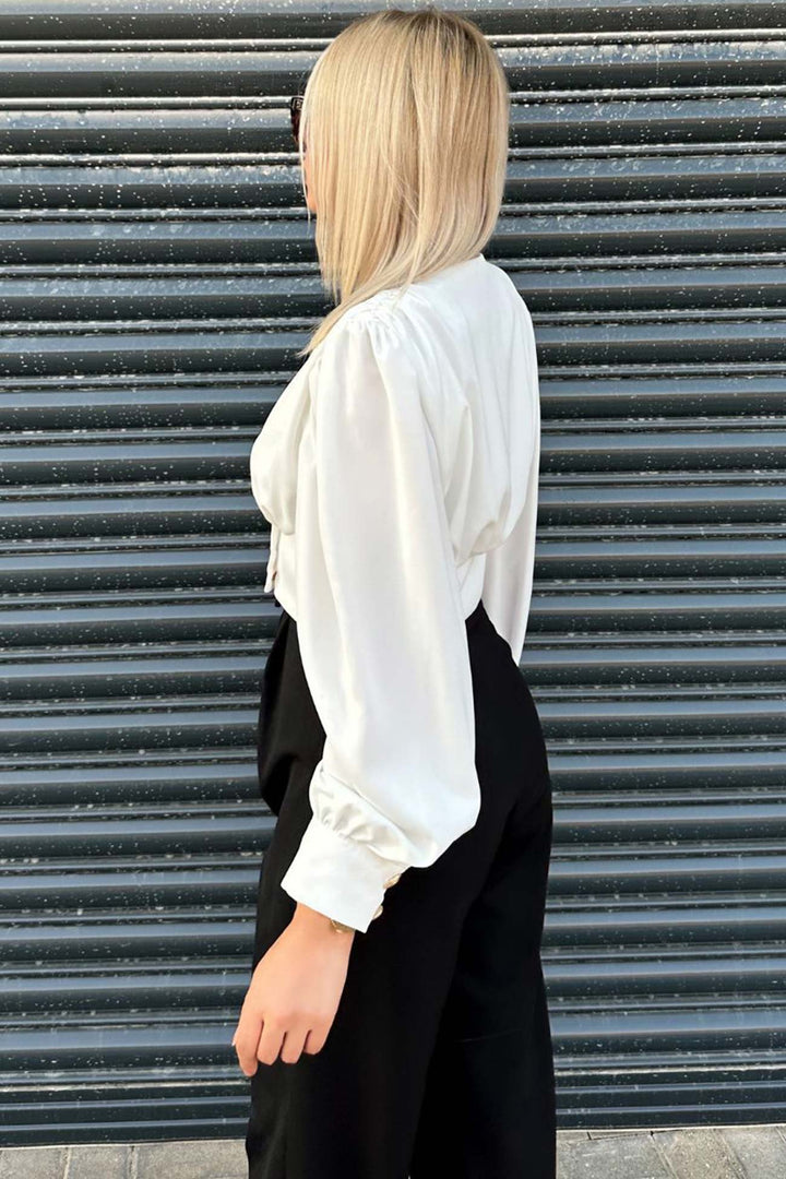 V Neck Puff Sleeve Smocked Blouses White · M