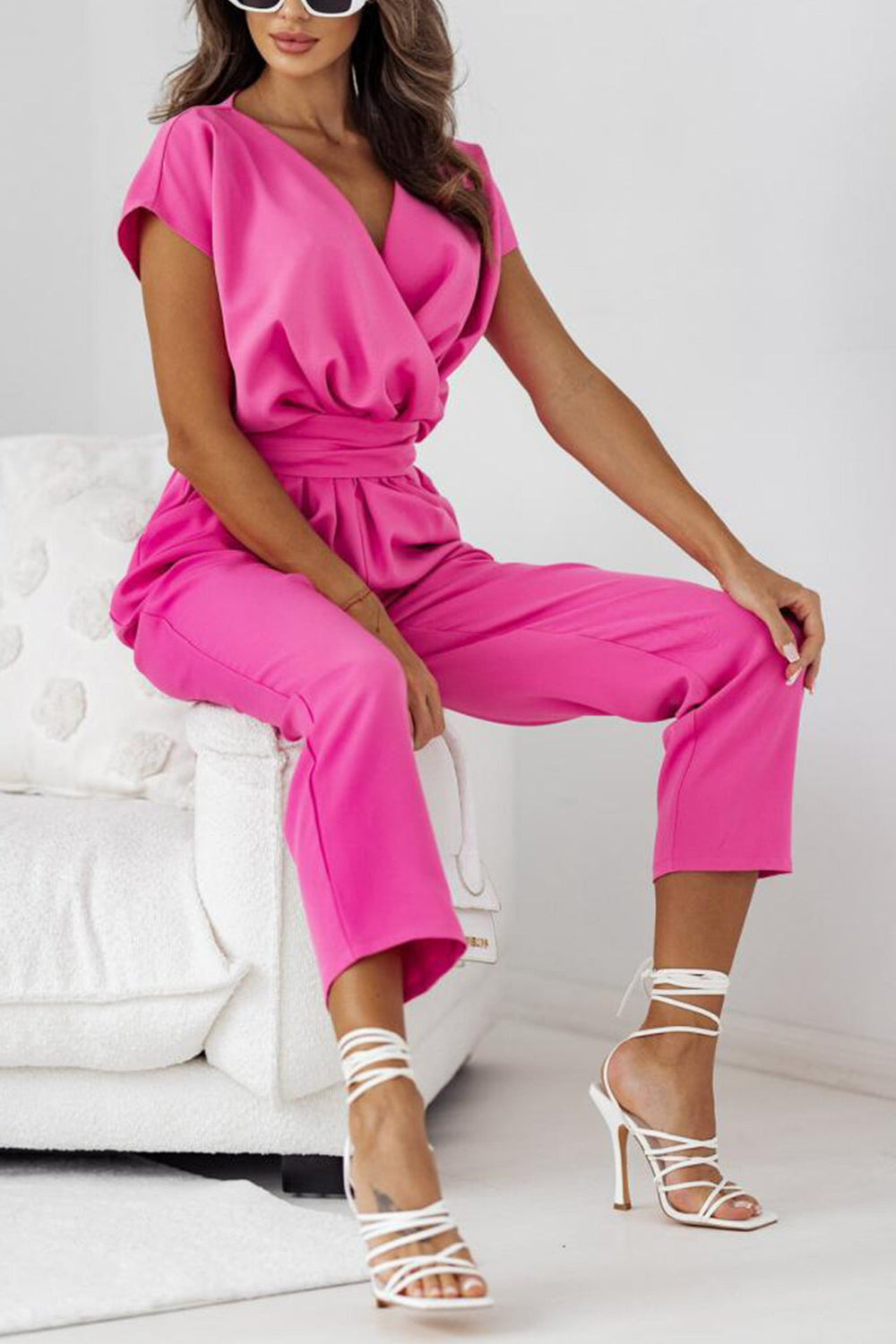 V Neck Ruched Tie-waist Jumpsuits Rose · M
