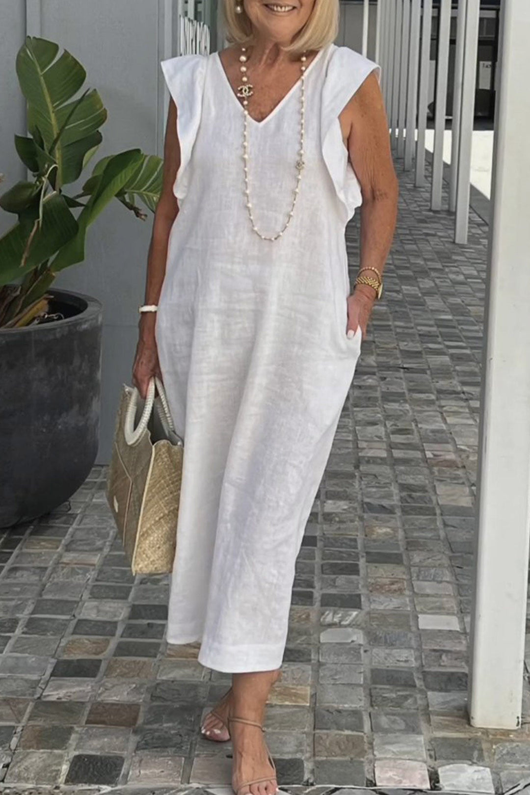 V Neck Ruffle Sleeveless Linen Dress