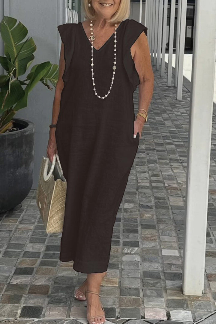 V Neck Ruffle Sleeveless Linen Dress White · M