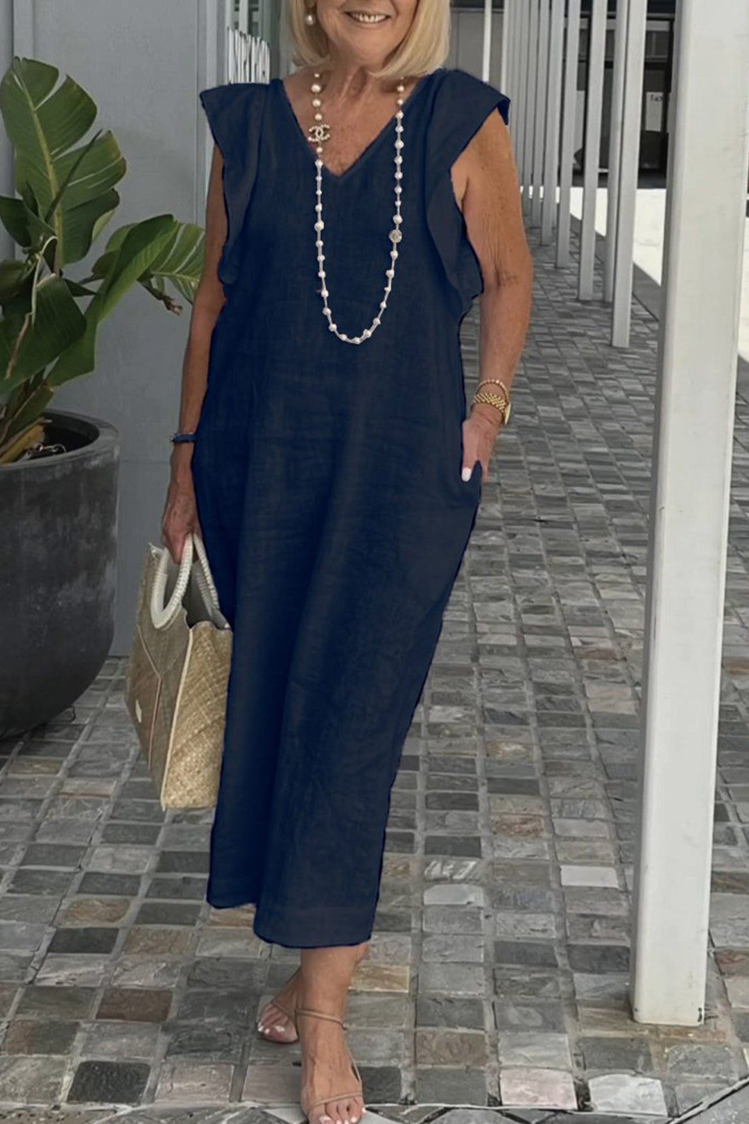 V Neck Ruffle Sleeveless Linen Dress Black · XL