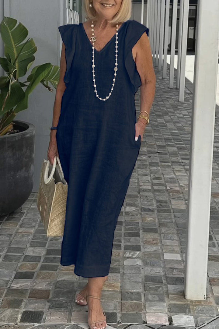 V Neck Ruffle Sleeveless Linen Dress Black · XL