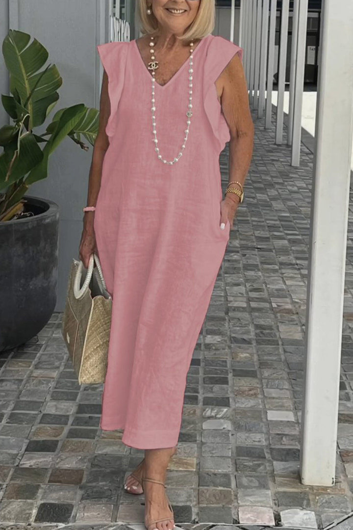 V Neck Ruffle Sleeveless Linen Dress White · XL