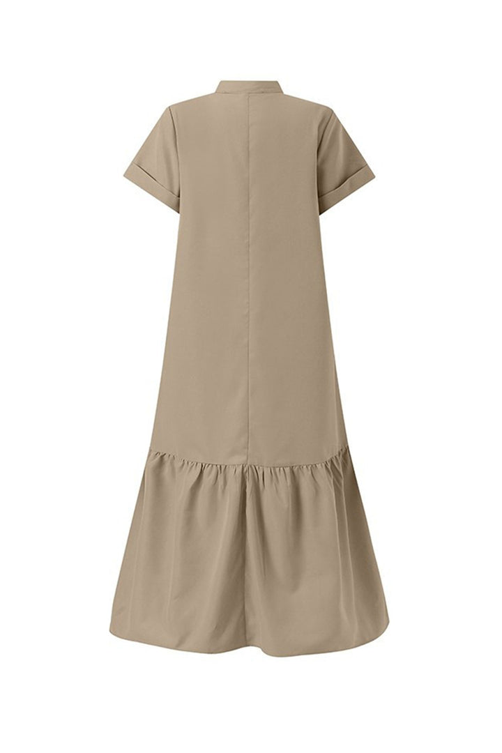 V Neck Short Sleeve A-line Dress Khaki · L
