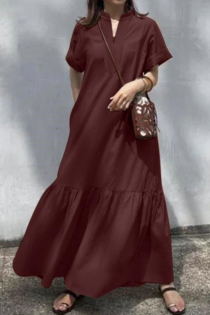 V Neck Short Sleeve A-line Dress Khaki · 5XL